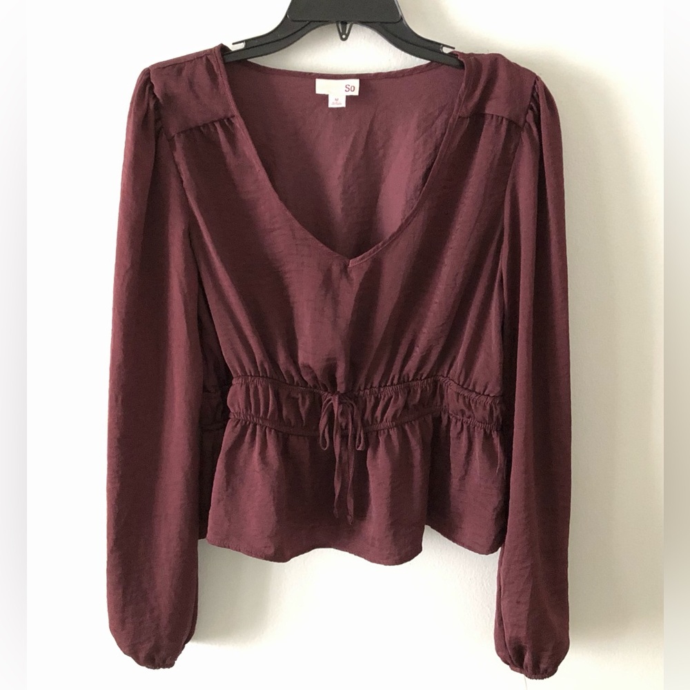 SO Burgundy V-Neck Long Sleeve Cinched Waist Peplum Top